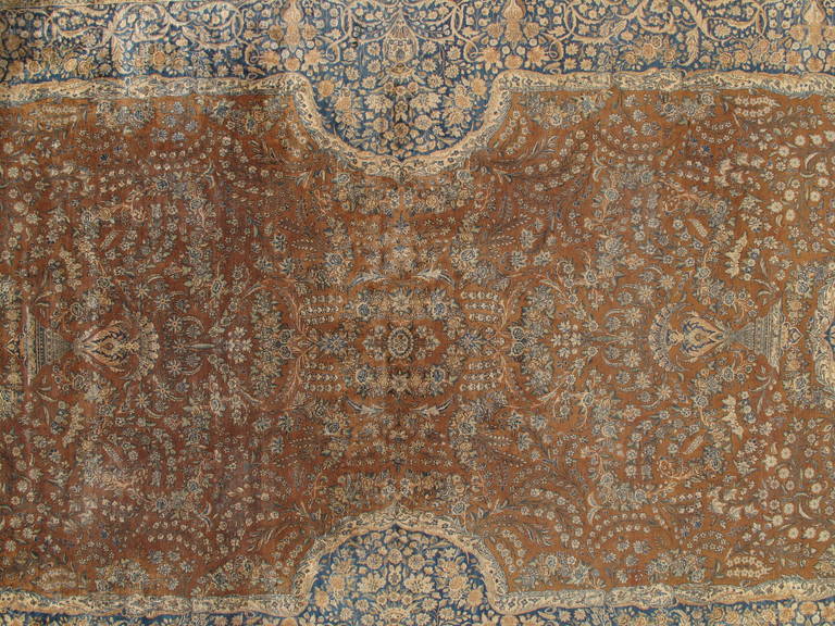 Hand-Knotted Antique Persian Lavar Kerman Carpet, Handmade Rug, Brown, Taupe, Light Blue Navy