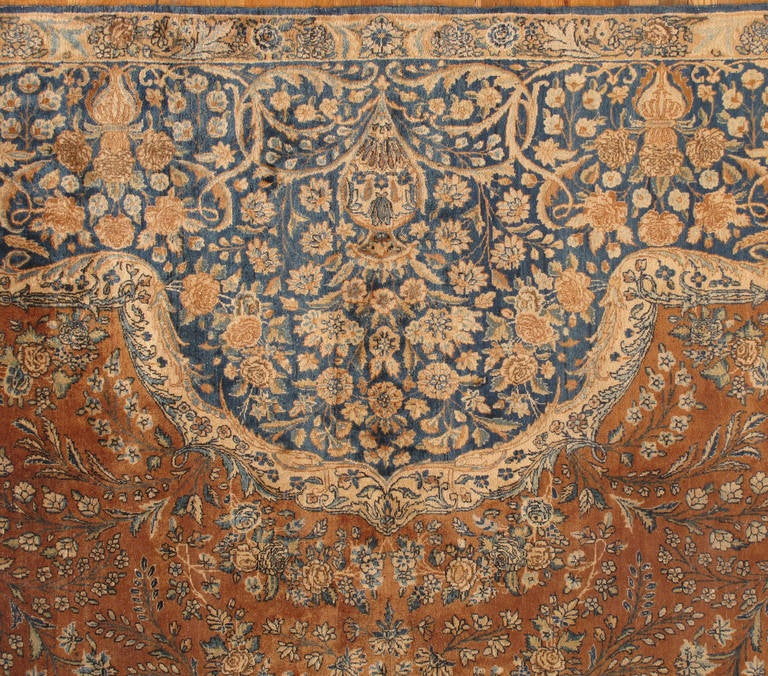 20th Century Antique Persian Lavar Kerman Carpet, Handmade Rug, Brown, Taupe, Light Blue Navy