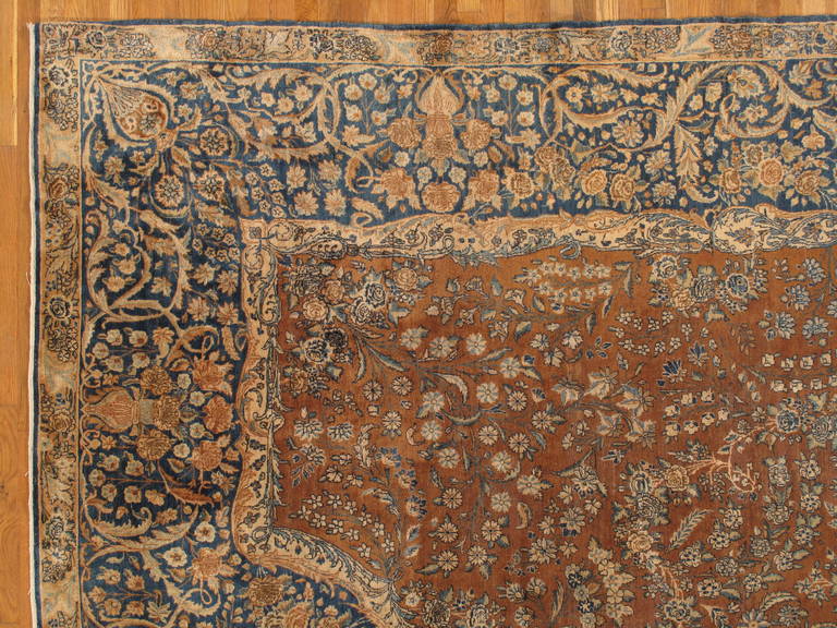 Antique Persian Lavar Kerman Carpet, Handmade Rug, Brown, Taupe, Light Blue Navy In Good Condition In Port Washington, NY