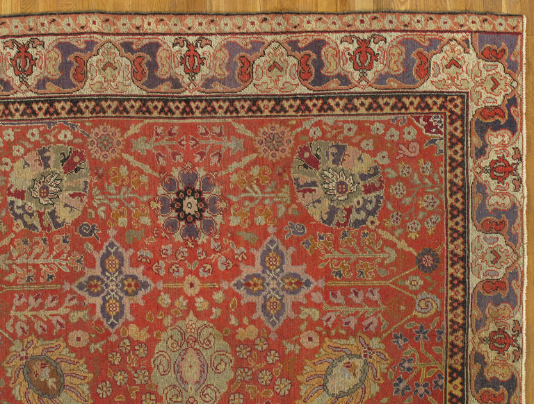 Hand-Knotted Antique Turkmenistan Khotan Rug, Handmade Oriental Rug, Coral, Ivory, Blue, Soft For Sale