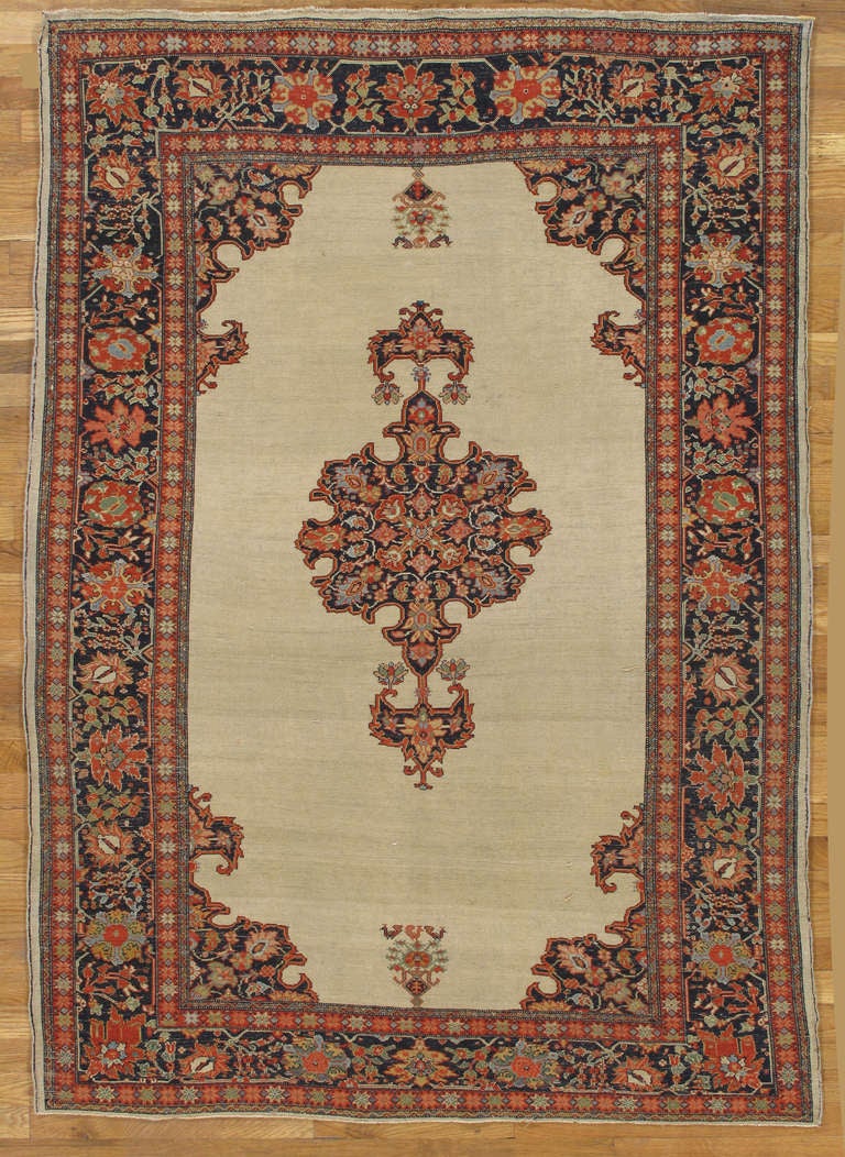 Persian Antique Farahan Sarouk Rug, Handmade Oriental Rug, Ivory, Red, Navy, VERY FINE For Sale