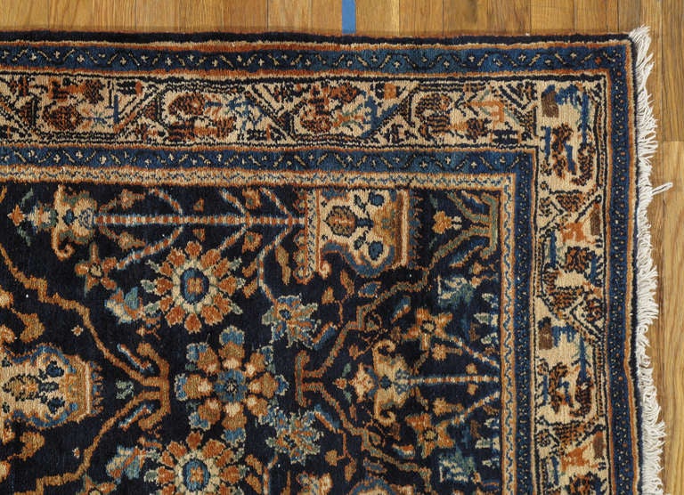Hand-Knotted Antique Persian Malayer Runner, Fine Oriental Rug, Navy, Ivory, Taupe Light Blue