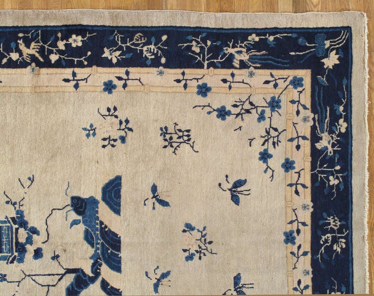 Antique Chinese carpets were woven in classical patterns, with their fret borders, shoulder medallions and other far-eastern motifs. These carpets, however, are bolder and simpler, course of weave. Most Chinese rugs have a high percentage of open
