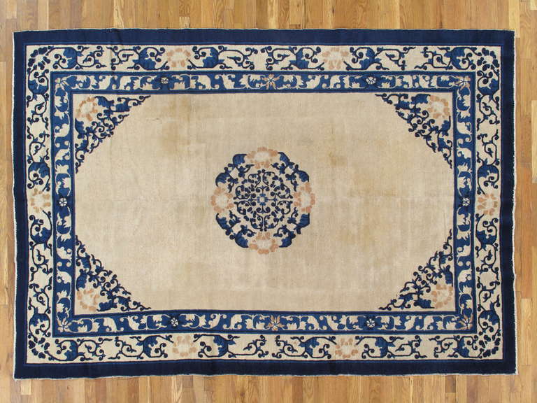 Antique Chinese carpets were woven in classical patterns, with their fret borders, shou medallions and other far-eastern motifs. These carpets, however, are bolder and simpler, course of weave. Most Chinese rugs have a high percentage of open space,