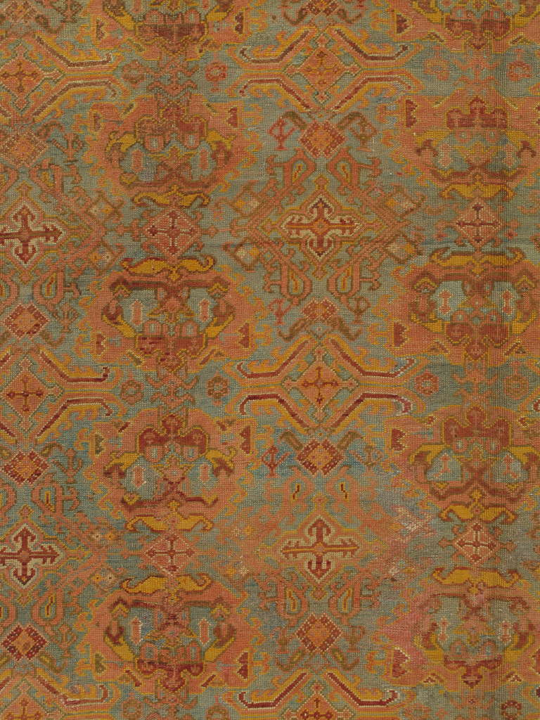 Antiker Oushak-Teppich, türkische handgefertigte orientalische Teppiche, Koralle, Orange, Hellblau (Türkisch) im Angebot