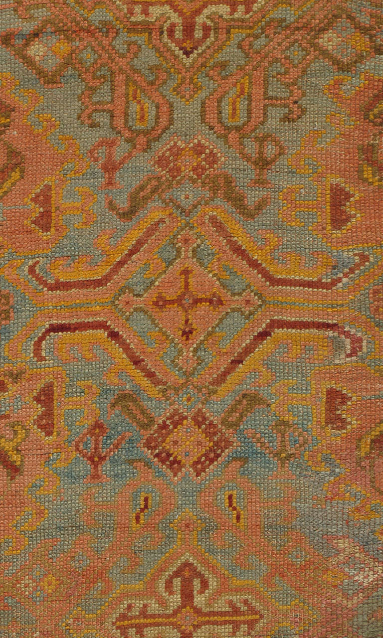 Antiker Oushak-Teppich, türkische handgefertigte orientalische Teppiche, Koralle, Orange, Hellblau (Handgeknüpft) im Angebot