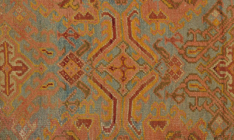 Antique Oushak Carpet, Turkish Handmade Oriental Rugs, Coral, Orange, Light Blue In Excellent Condition For Sale In Port Washington, NY