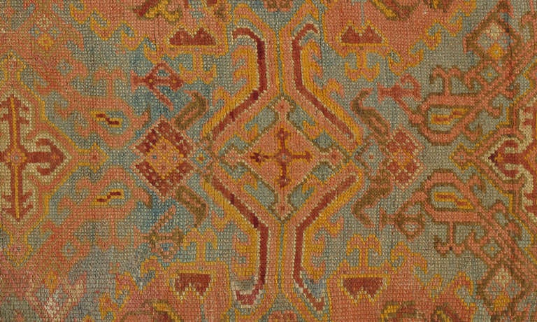 Hand-Knotted Antique Oushak Carpet, Turkish Handmade Oriental Rugs, Coral, Orange, Light Blue For Sale