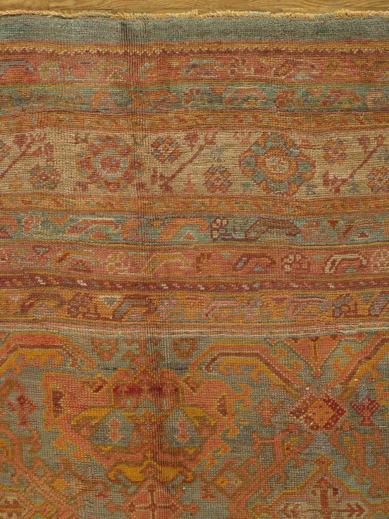 Hand-Knotted Antique Oushak Carpet, Turkish Handmade Oriental Rugs, Coral, Orange, Light Blue For Sale