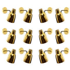 Twelve 1950s Gilded Brass Sconces