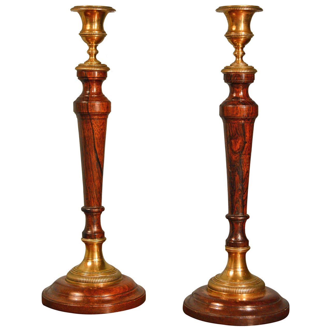 Fine Pair of Late 18th Century Mahogany and Brass Candlesticks For Sale