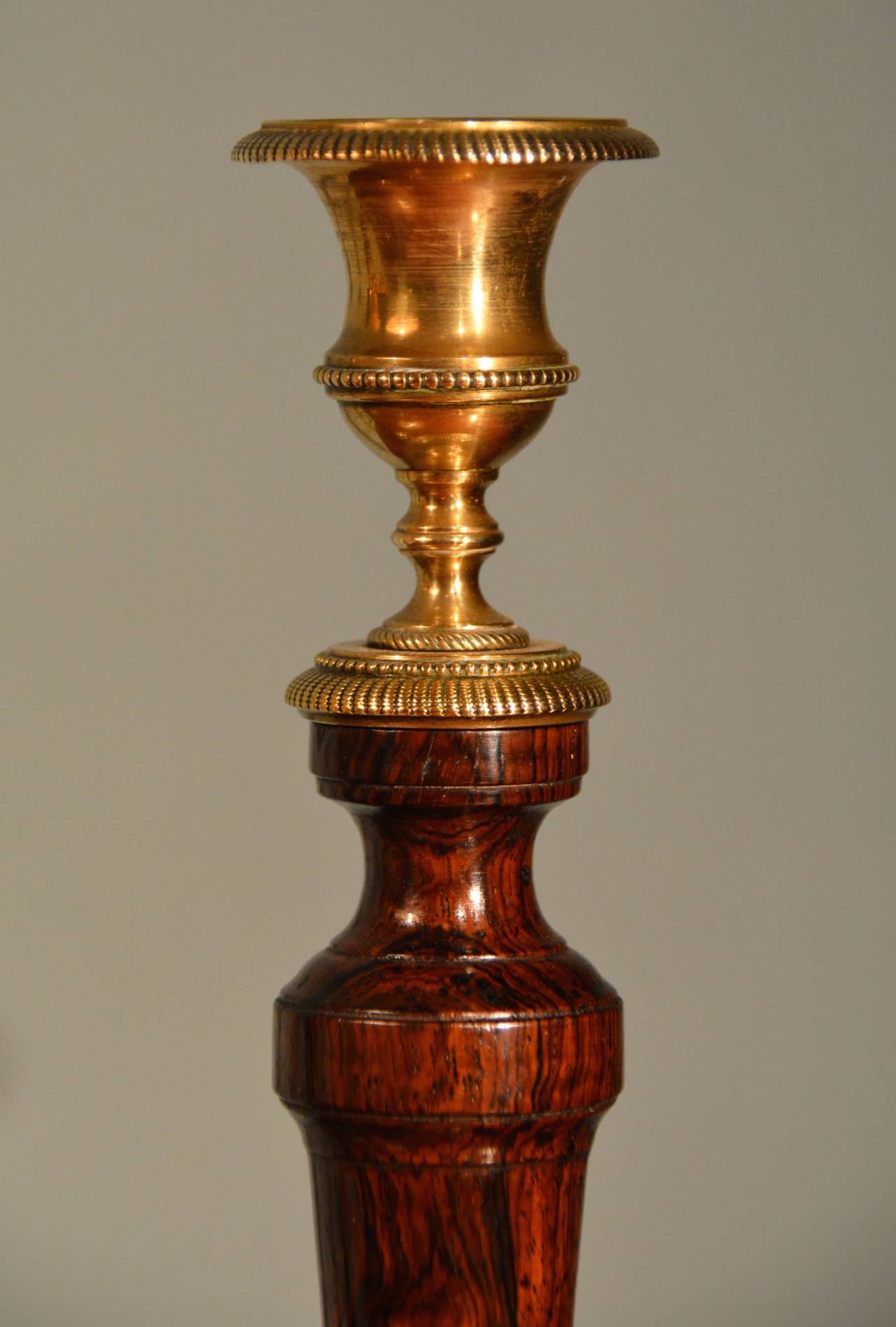 Neoclassical Fine Pair of Late 18th Century Mahogany and Brass Candlesticks For Sale