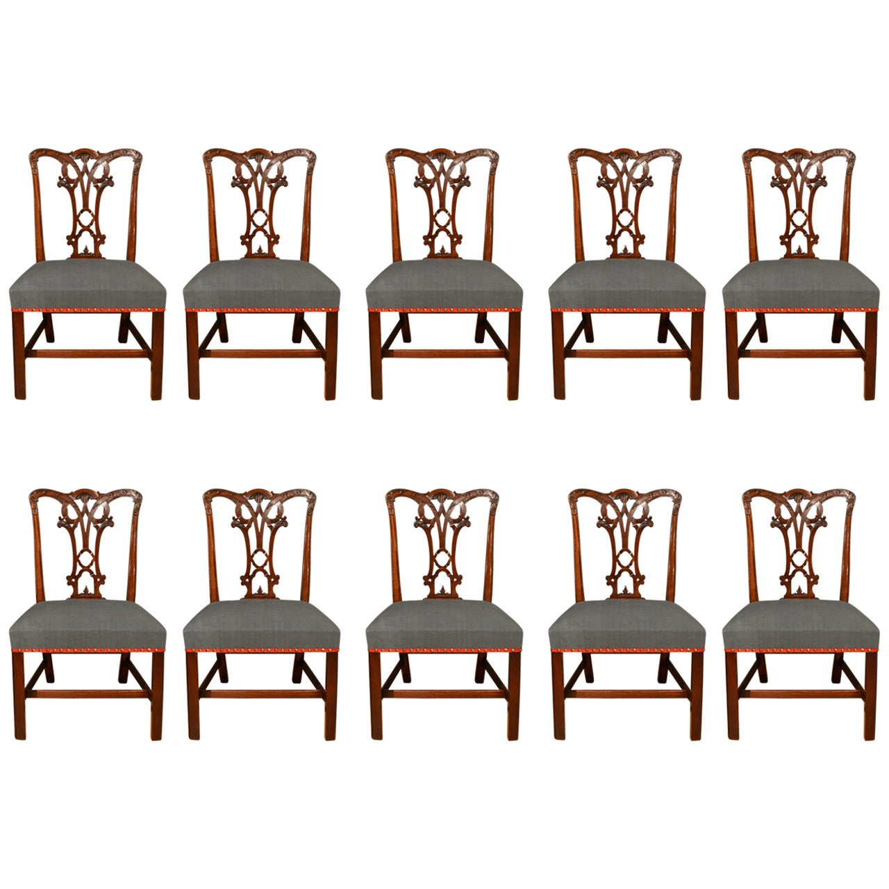 18th Century, Set of Ten Carved Mahogany Chippendale Period Dining Chairs For Sale