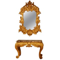 18th Century Giltwood Mirror En Suite with Carved Gilded Marble Top Side Table