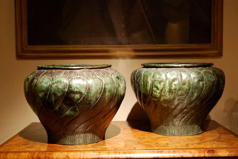 A pair of late 17th Century copper urns. Probably Venetian. Circa 1680.