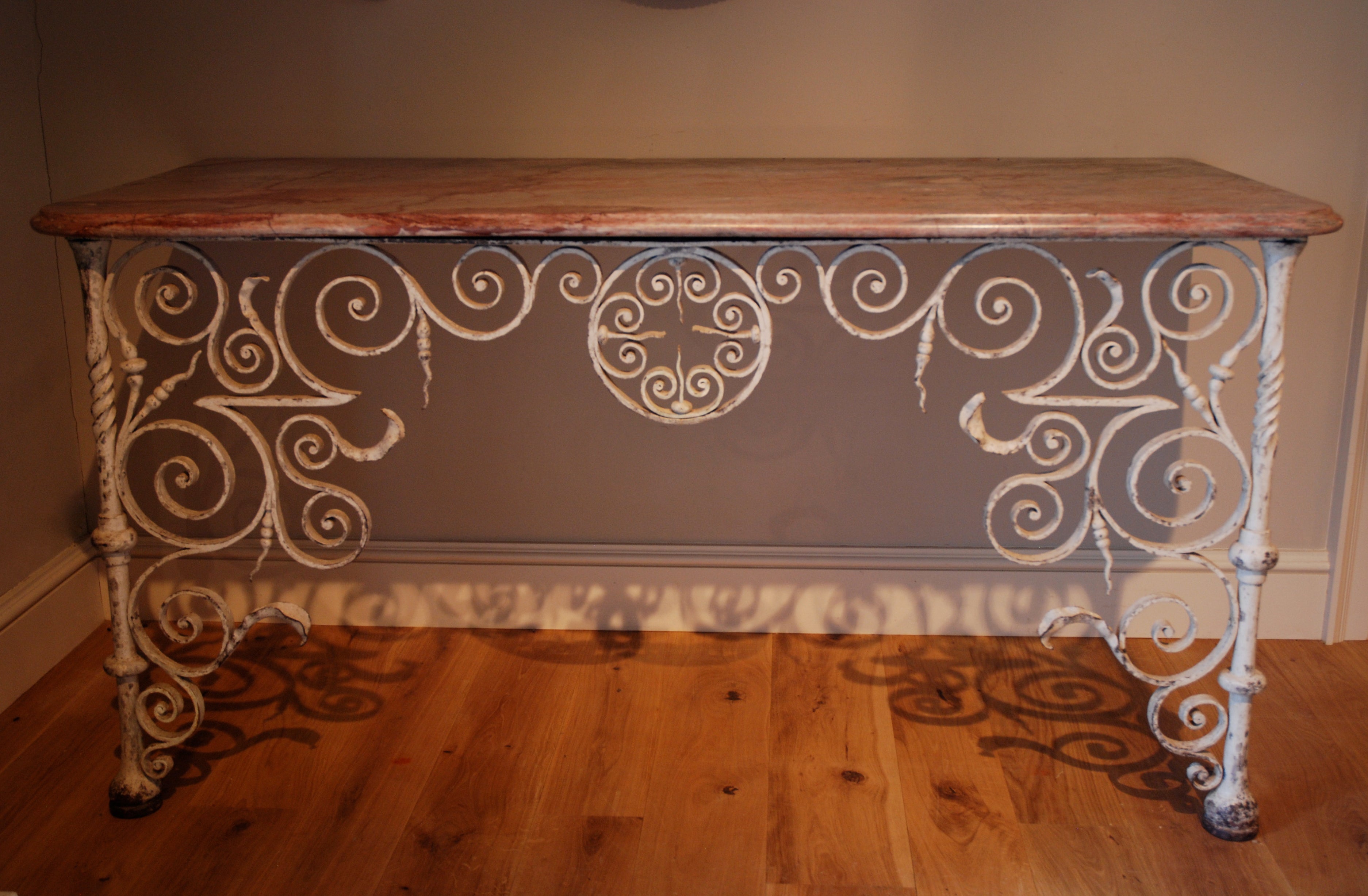 18th Century wrought iron pair of marble top Console Tables