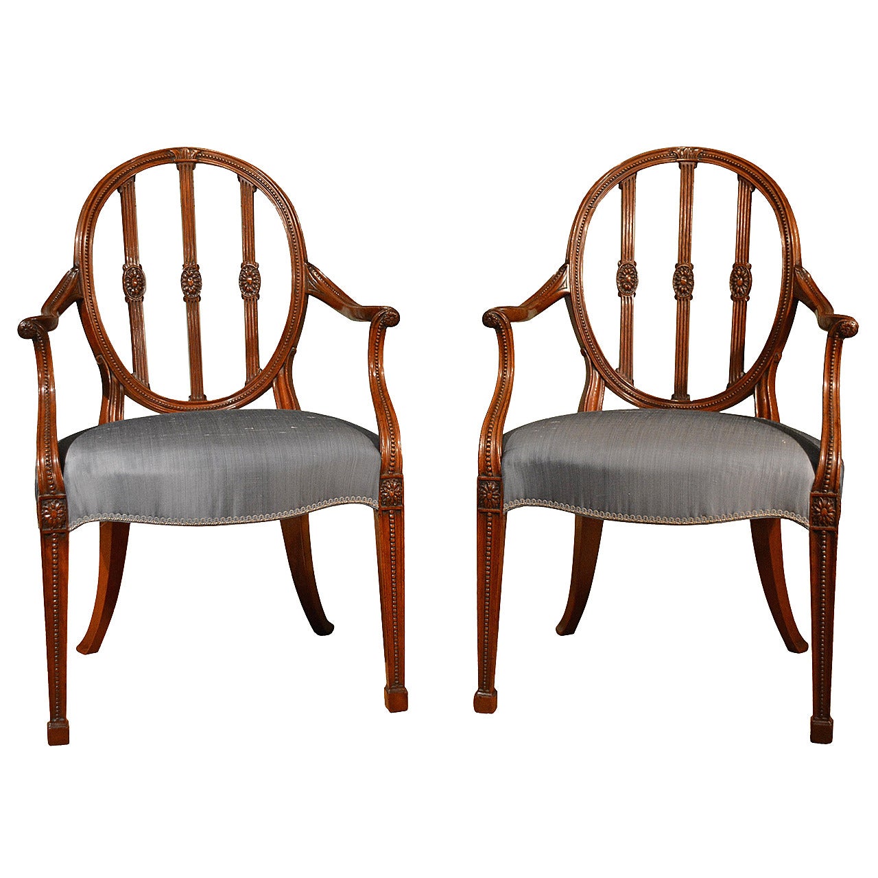 18th Century Pair of Carved Mahogany, Oval Backed Armchairs