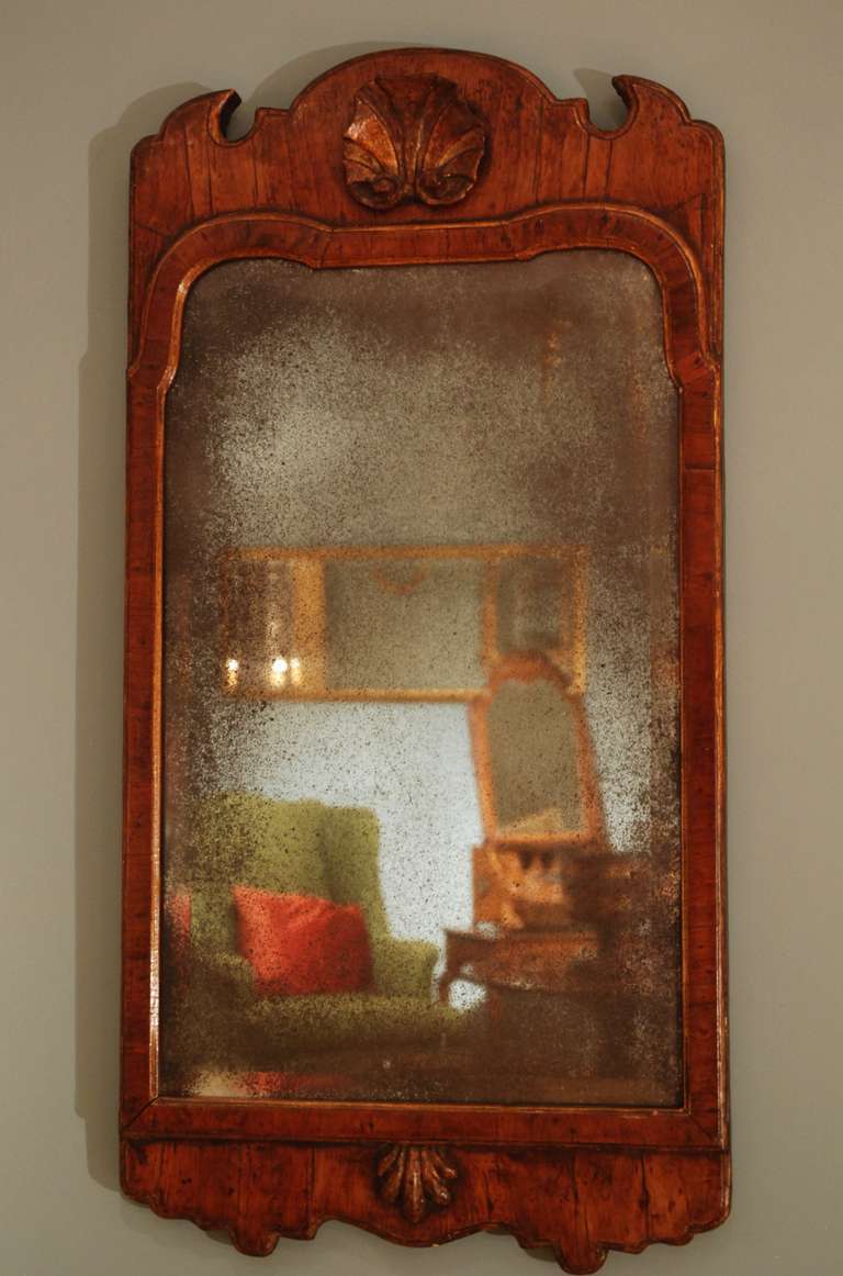 A veneered walnut mirror having a gilt decorated shell to the cresting and base and a gilt carved internal moulding. Circa 1720.