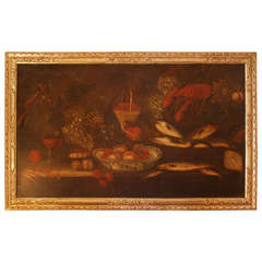 Large 17th Century English Still Life Depicting Seafood, Fruit and Wine