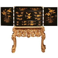 William and Mary period japanned cabinet on giltwood stand