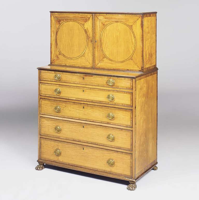 George III period satinwood and tulipwood banded secretaire cabinet