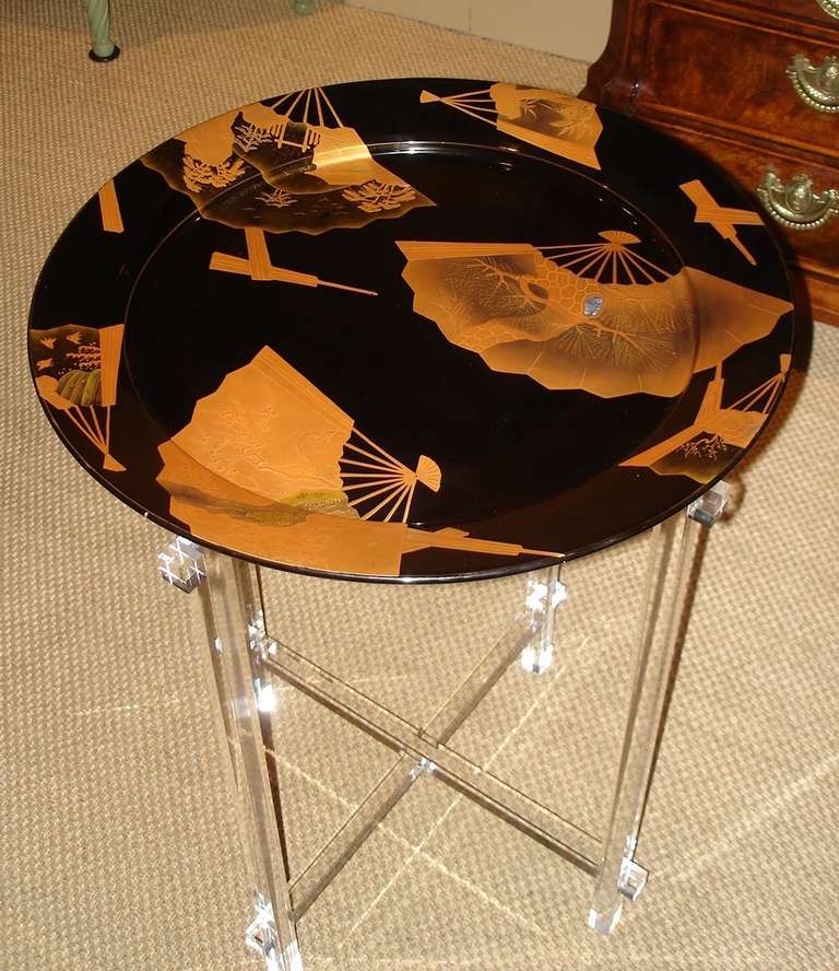 Japanese lacquer tray on modern Lucite stand