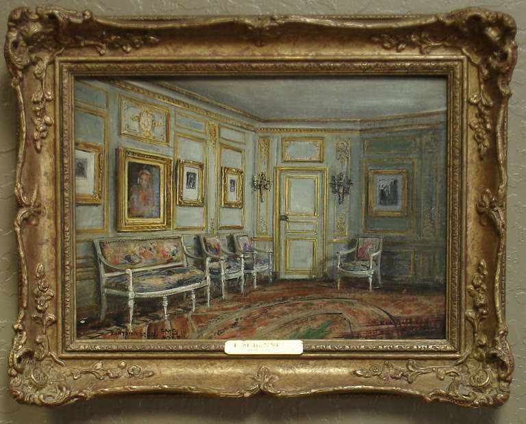 Frank Moss Bennett,  (1874-1952)

An interior at Fontainebleau

Bennett was born in Liverpool and trained at the Slade School of Art in London and the Royal Academy where he frequently exhibited. He was known for genre scenes frequently