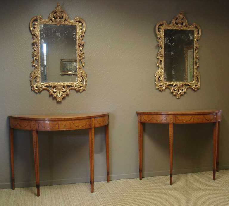 Pair of George III Period Marquetry and Satinwood Pier Tables