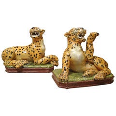 Pair of Faience Leopard Figures of Large Size, Probably Luneville
