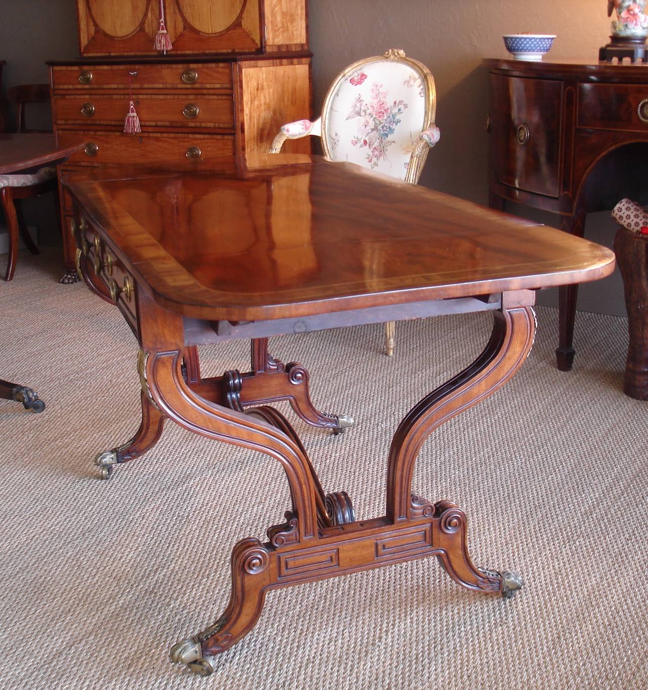 Regency Period Mahogany Gilt Bronze and Kingwood Banded Sofa Table In Excellent Condition In Fresno, CA