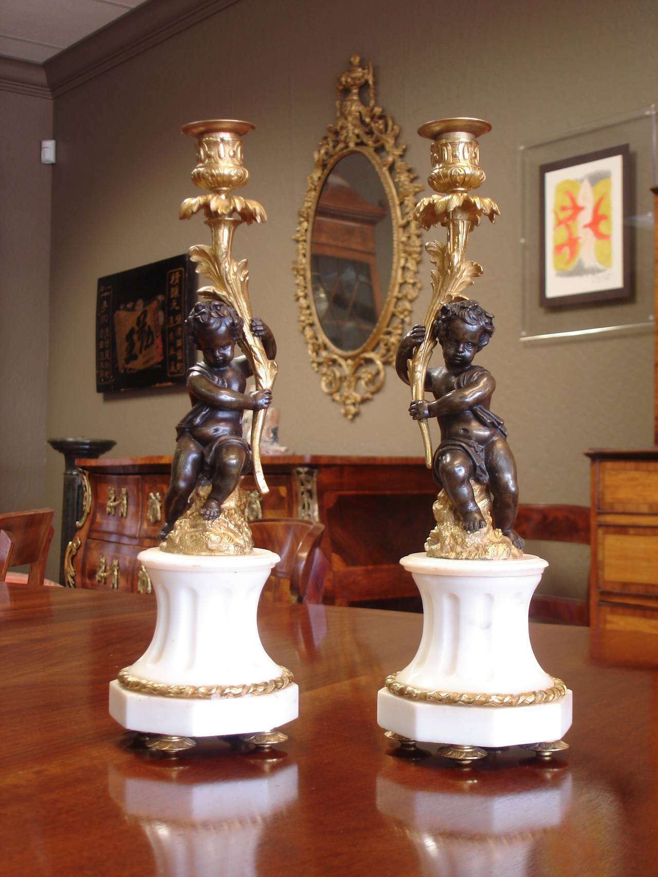 Pair of Louis XVI Style Bronze and Marble Candlesticks in the Manner of Thomire