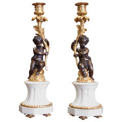 Pair of Louis XVI Style Bronze and Marble Candlesticks in the Manner of Thomire