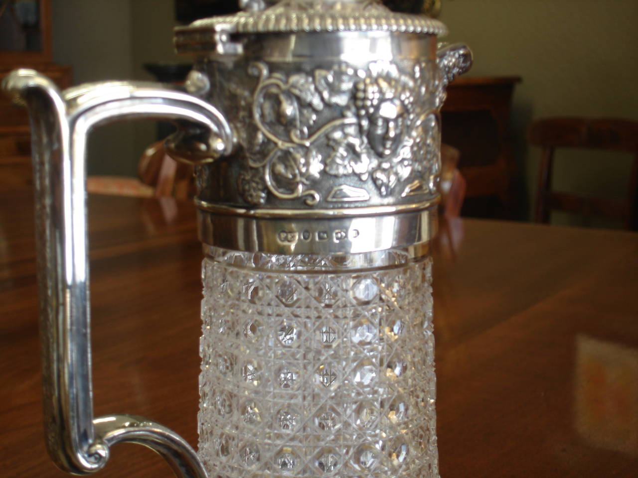 Victorian Period Silver Mounted Cut-Glass Claret Jug In Excellent Condition In Fresno, CA