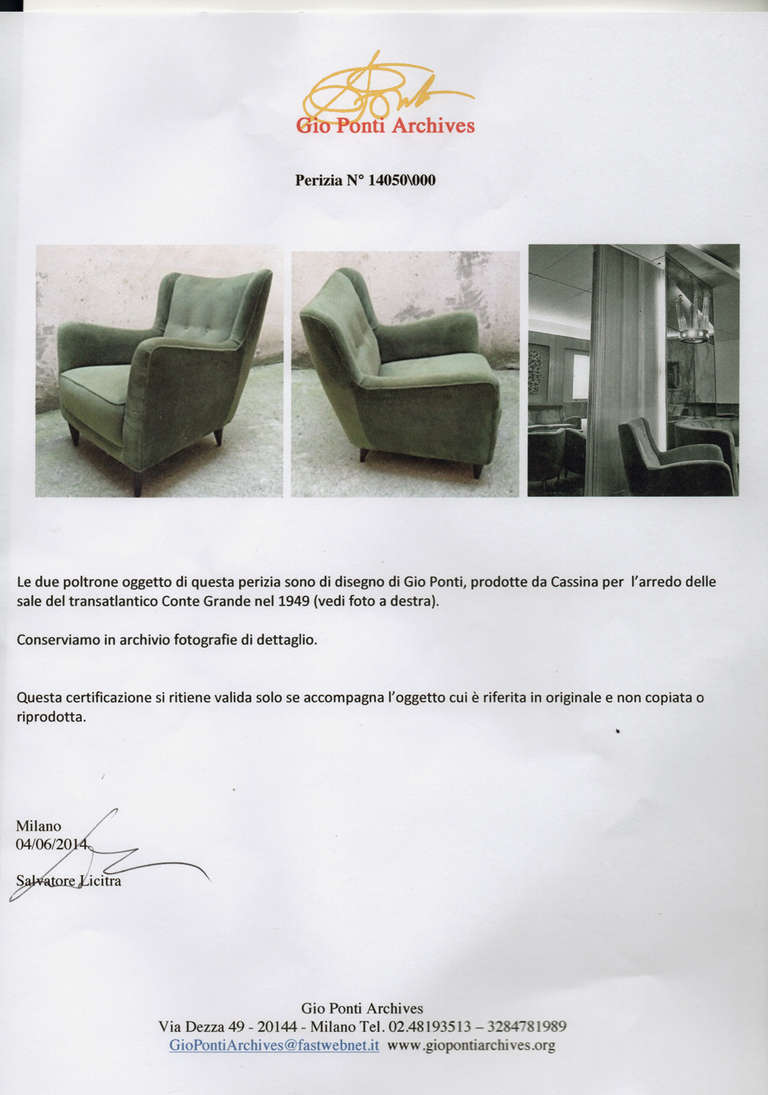 rare pair of chairs design Gio Ponti produced by Cassina in 1949, for the ocean liner,  Conte Grande, original fabric, to be restored,
We have the certificate Gio Ponti Archive.