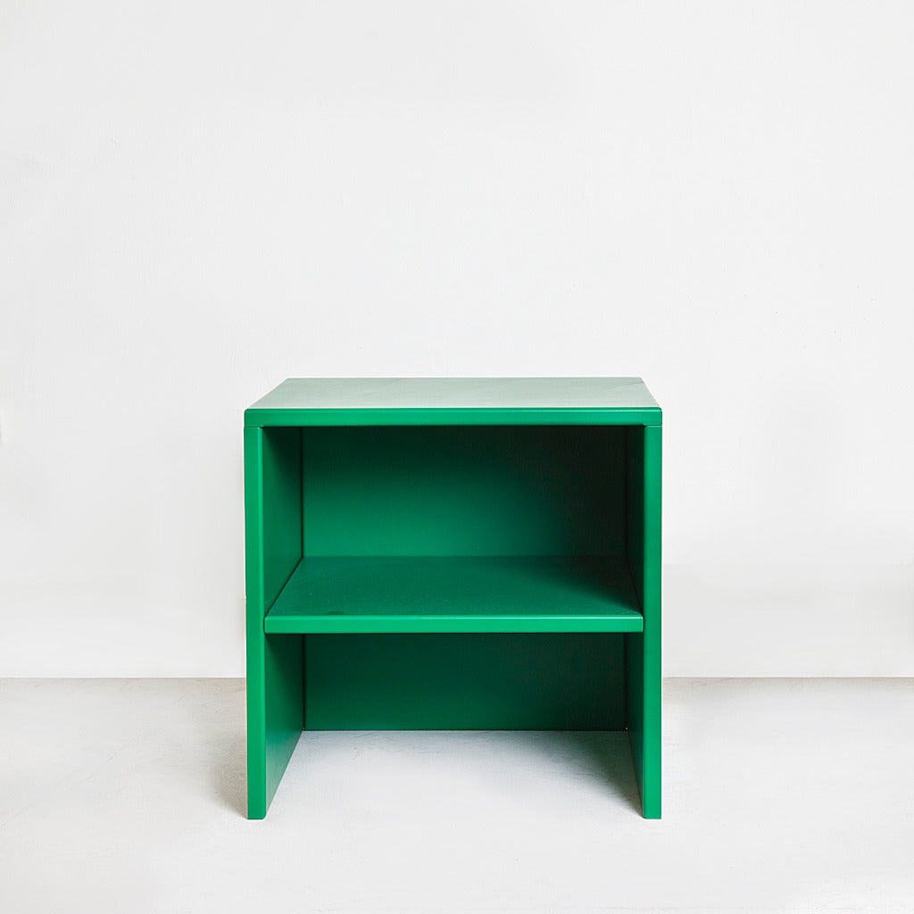 Stool #43 by Donald Judd, in traffic green enameled aluminum, manufactured by Janssen CV, Netherlands, 1989. Provenance available.