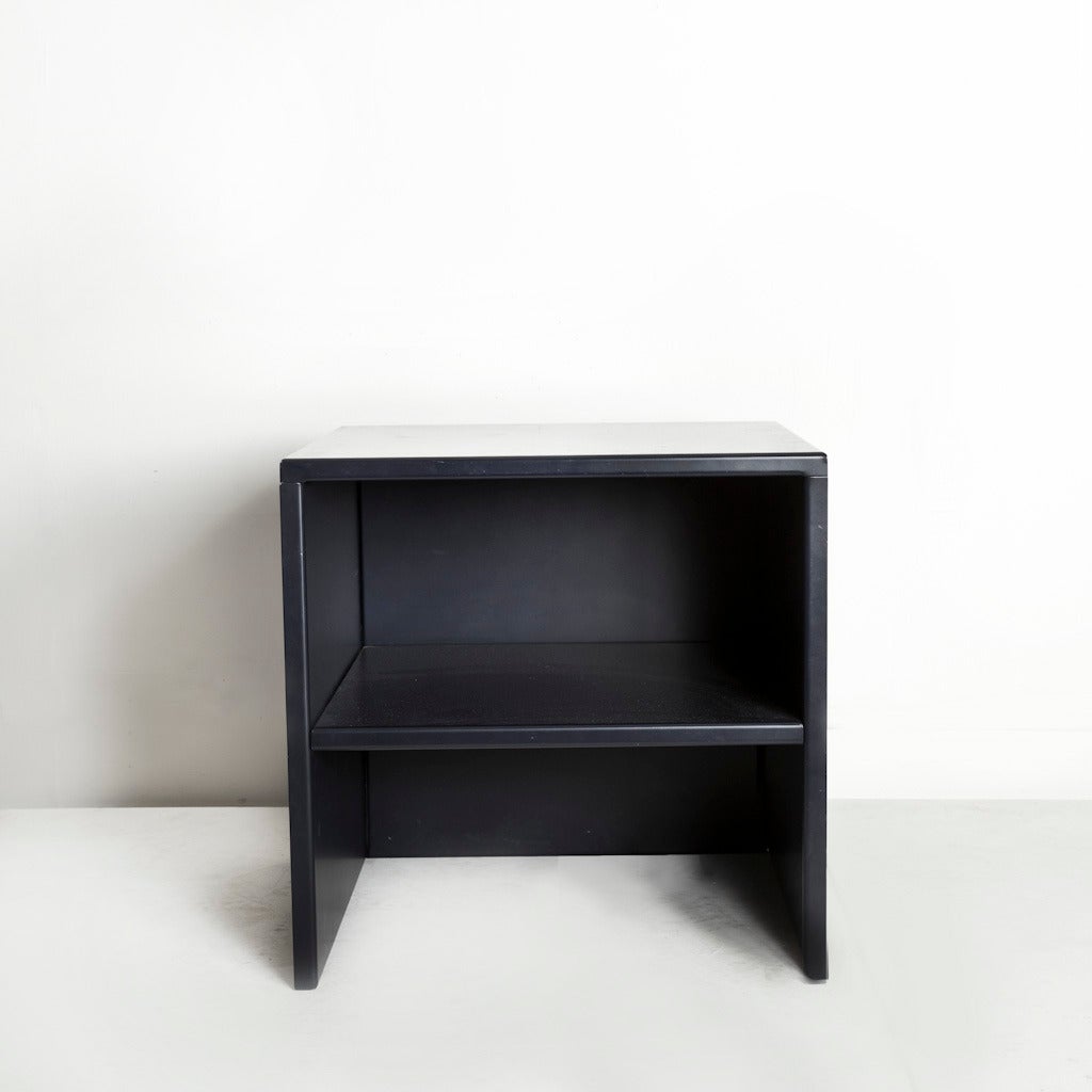 Stool #43 by Donald Judd, in blue or black enameled aluminum, manufactured by Janssen CV, Netherlands, 1990. Stamped [DJ 9 90]. Provenance available.