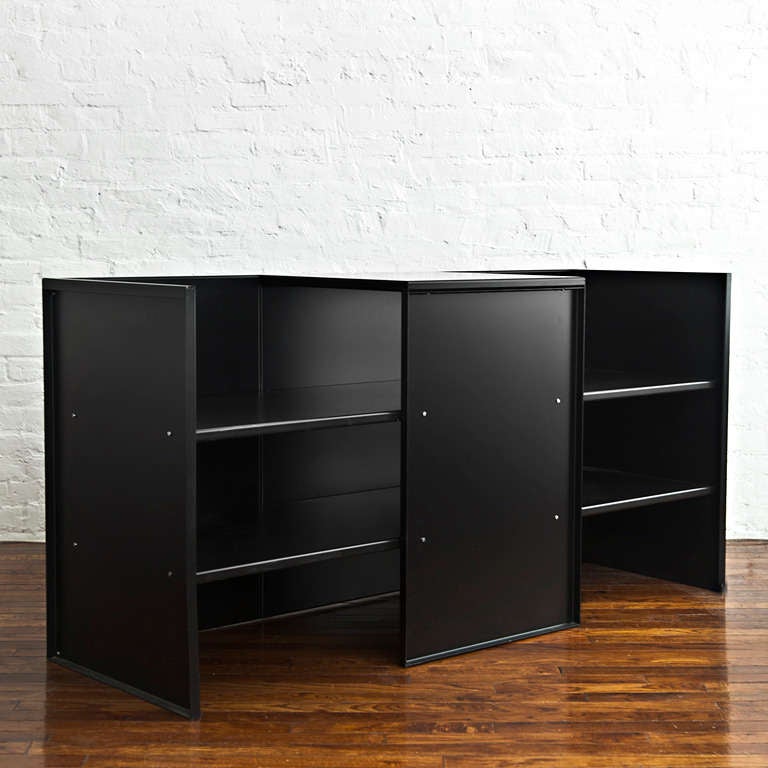 Seat/Table/Shelf/Seat #59 by Donald Judd, in traffic black enameled aluminum, manufactured by Janssen CV, Holland.
Approximately 10 examples of the Seat/Table/Shelf/Seat #59 were produced by Janssen during Donald Judd’s lifetime, including nine