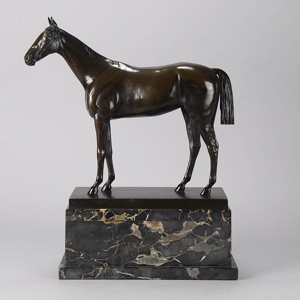 An impressive early 20th century Art Deco bronze study of a standing thoroughbred with very fine hand chased surface detail and deep rich brown color. Raised on an imposing variegated marble base and signed F. Priess to bronze.