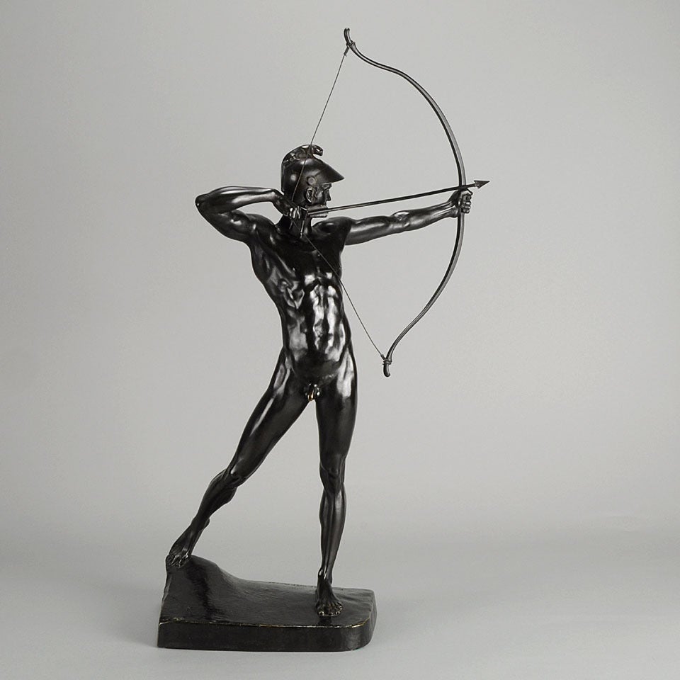 A dramatic early 20th century German bronze study of a male archer in tense pose with excellent color and detail. Raised on an integral naturalistic bronze base, signed E M Geyger and inscribed with Gladenbeck foundry mark.

Geyger began work on