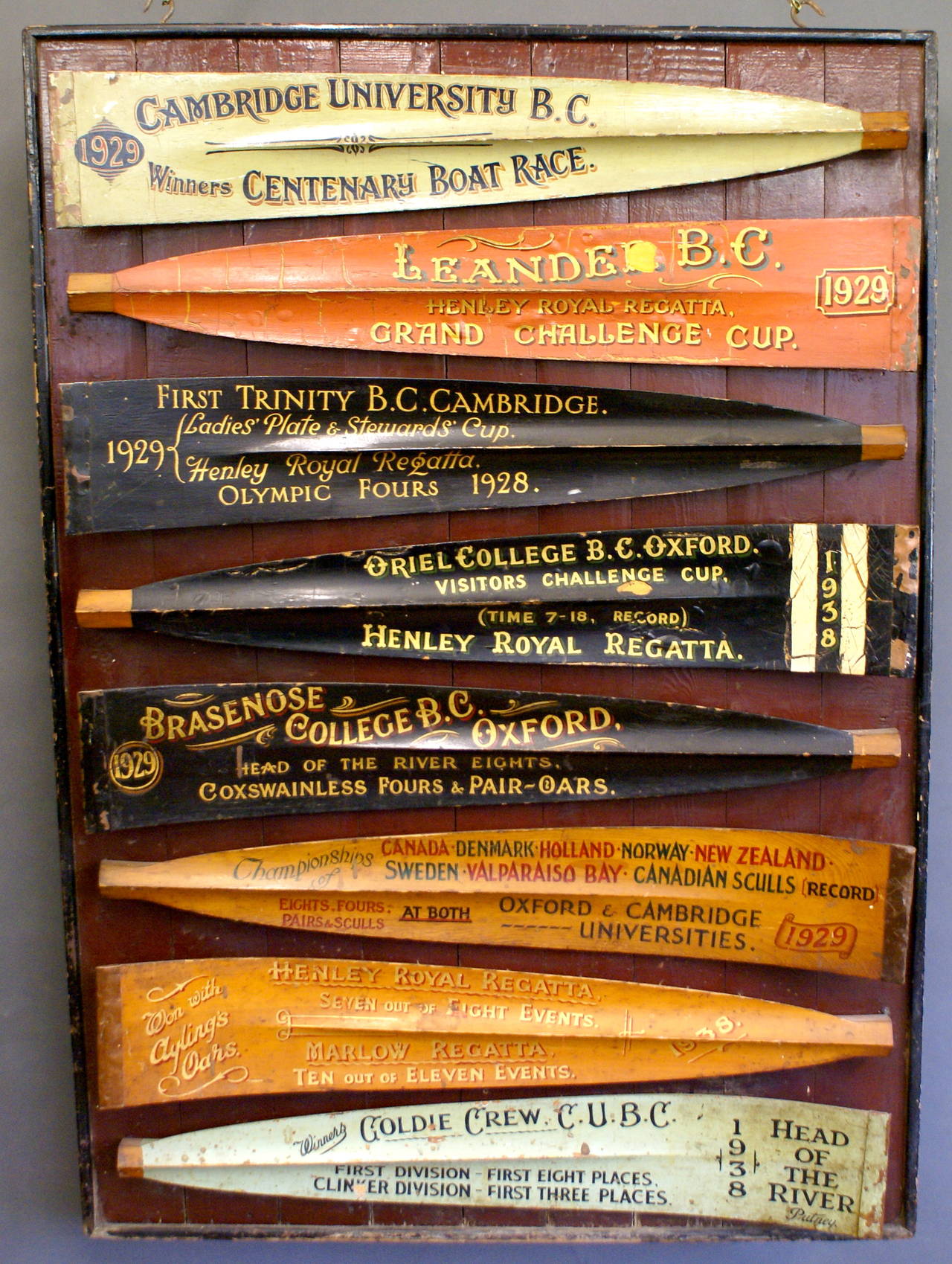 Including the Cambridge Centenary winners oar from 1929, an Oxford blade and several from the Henley Regatta. All the blades come from the 1929 and 1938 seasons and are mounted on painted board. This decorative and interesting item was sourced from