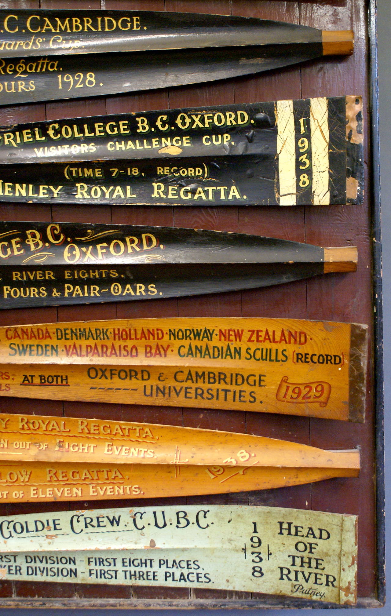 British Collection of Eight Cambridge, Oxford, and Henley Regatta Oar Blades