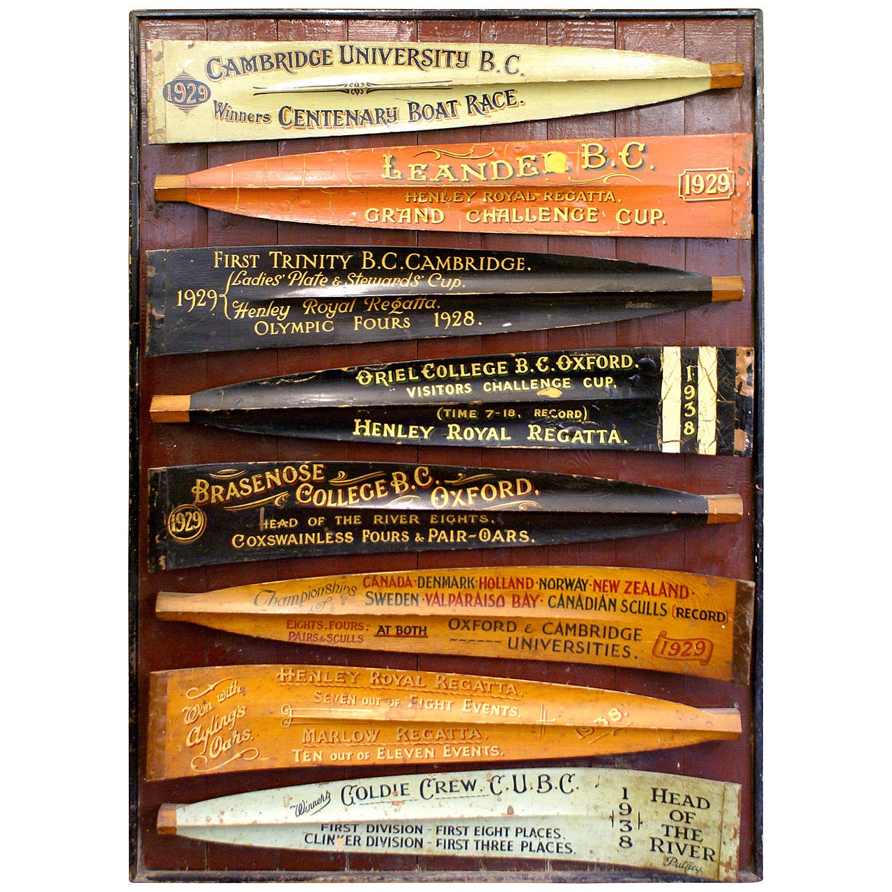 Collection of Eight Cambridge, Oxford, and Henley Regatta Oar Blades