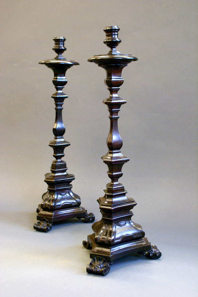 These rare and beautifully detailed Alter/candle sticks are in superb original condition. 740 mm high. Circa 1720
