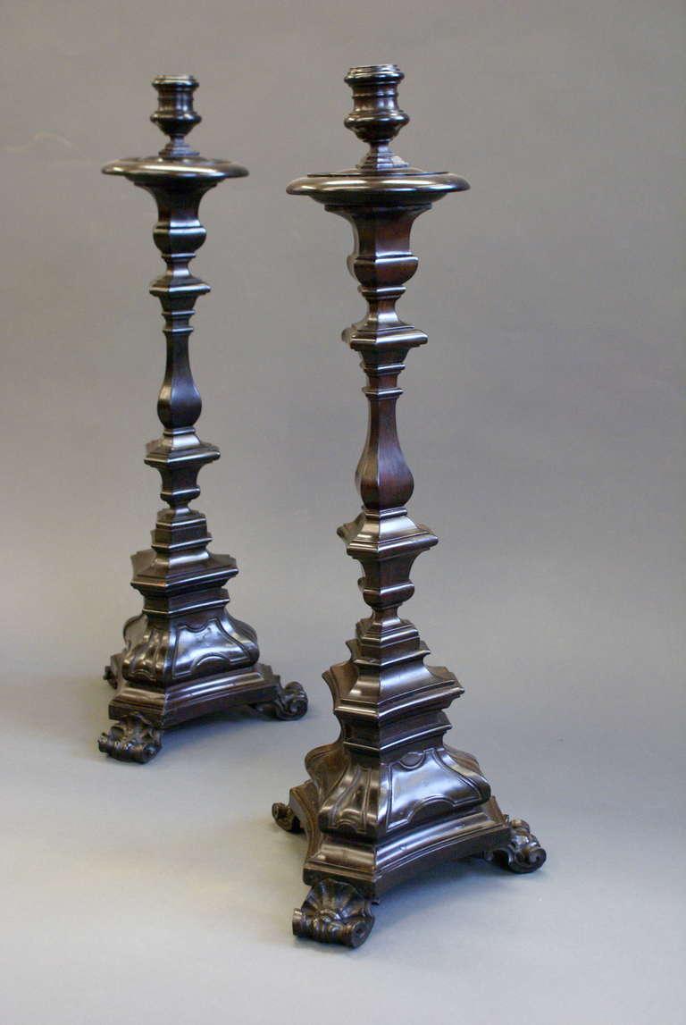 A very rare pair of early 18th century Portuguese solid Ebony candle sticks 1