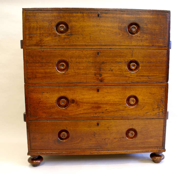 British A mid 19th century Teak Military/Campaign chest of drawers