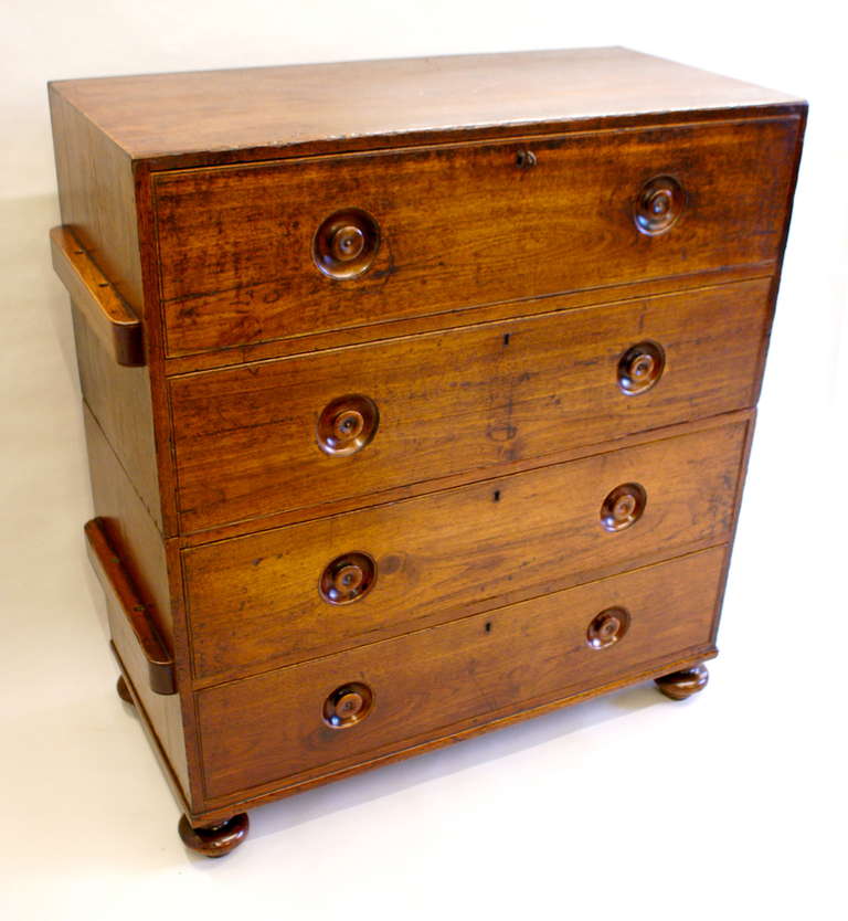 Victorian A mid 19th century Teak Military/Campaign chest of drawers