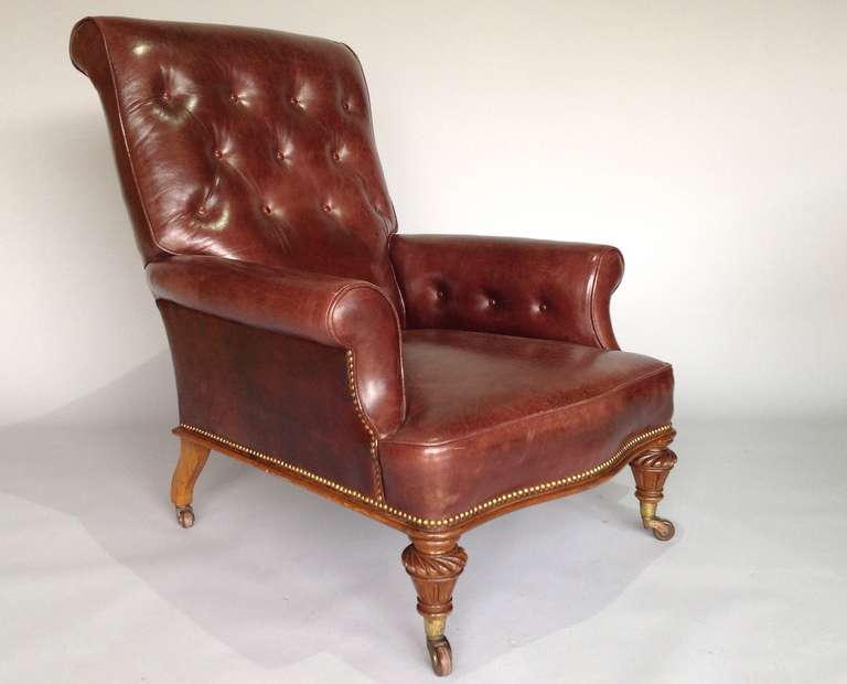 British George IV Leather and Walnut Arm or Library Chair, circa 1830