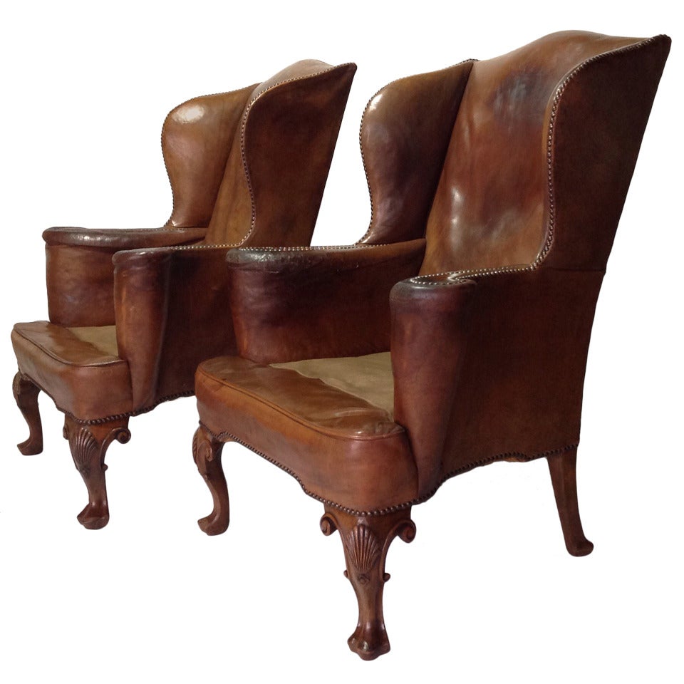 Very Handsome Pair of Leather Wing Armchairs, circa 1930