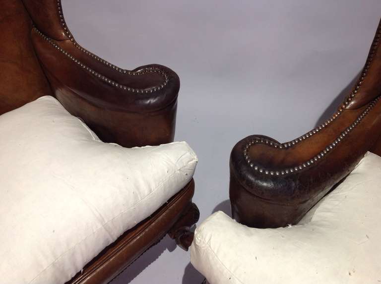 Mid-20th Century Very Handsome Pair of Leather Wing Armchairs, circa 1930