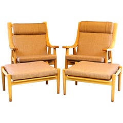 Pair of High Back Oak GE530 Chairs with Ottomans by Hans J. Wegner for Getama